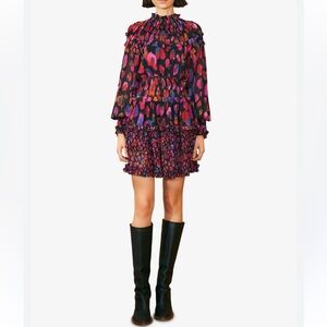 FARM Rio Medium Black Iridescent Leopard Print Mini Dress Long Sleeves NWOT